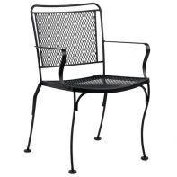 Woodard Constantine Commercial Dining Armchair - Stackable featuring a slender silhouette and wrought iron frame for a professional commercial setting.
