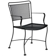 Woodard Constantine Commercial Dining Armchair featuring a slender silhouette and wrought iron frame for a professional commercial setting.