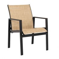 Woodard Hudson Commercial Sling Dining Armchair with a slender aluminum frame and weather-resistant sling seating for poolside dining.