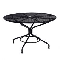 Woodard 48" Round Café Series Textured Black Contract+ Mesh Top Commercial Umbrella Table featuring a modern design and long lasting iron frame for a professional commercial setting.