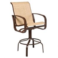 Woodard Cayman Isle Sling Commercial Swivel Bar Stool featuring a sleek silhouette and lightweight aluminum frame for a professional commercial setting.