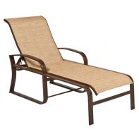 Woodard Cayman Isle Sling Commercial Adjustable Chaise Lounge featuring a sleek silhouette and lightweight aluminum frame for a professional commercial setting.