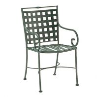 Woodard Sheffield Commercial Dining Armchair featuring a squared lattice back and curled wrought iron arms for a professional commercial setting.