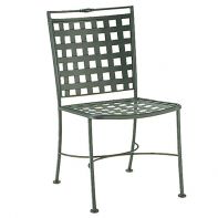 Woodard Sheffield Commercial Dining Side Chair featuring a uniquely squared lattice back and wrought iron frame for a professional commercial setting.