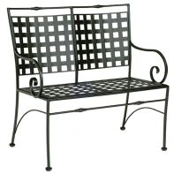 Woodard Sheffield Commercial Bench featuring a squared lattice back and curled wrought iron arms for a professional commercial setting.