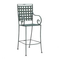 Woodard Sheffield Commercial Stationary Bar Stool featuring a squared lattice back and curled wrought iron arms for a professional commercial setting.