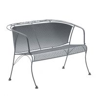 Woodard Briarwood Commercial Barrel Love Seat featuring a vintage wraparound iron frame and intricate floral motifs for a professional commercial setting.