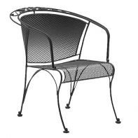 Woodard Briarwood Commercial Barrel Dining Chair featuring a vintage wraparound iron frame and floral motifs for a professional commercial setting.