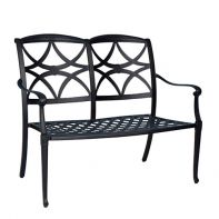 Woodard Wiltshire Commercial Bench - Stackable featuring rust-proof cast aluminum construction and thick curved arms for a professional commercial setting.