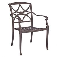 Woodard Wiltshire Commercial Dining Armchair - Stackable featuring rust-proof cast aluminum, thick curved arms, and a sophisticated design for a professional commercial setting.