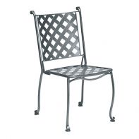Woodard Maddox Commercial Bistro Side Chair - Stackable featuring a lovely lattice back and armless bistro design for a professional commercial setting.