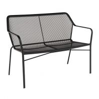 Woodard Delmar Commercial Stacking Bench featuring a modern black mesh design and lightweight aluminum frame for a professional commercial setting.