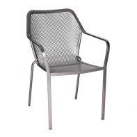 Woodard Delmar Commercial Stacking Arm Chair in a silver metallic finish with a modern mesh seat and aluminum frame for a professional commercial setting.