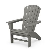 Front three-quarter view of the grey POLYWOOD® Nautical Curveback Adirondack Chair, featuring curved back slats, an oversized seat, and a waterfall front on a white background.