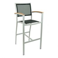 Commercial Aluminum Outdoor Barstool With Sling Back and Seat and Faux Teak Armrests