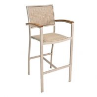 Commercial Aluminum Outdoor Barstool with Faux Wicker Back and Seat and Faux Teak Armrests