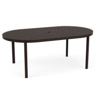 42" x 76" Oval Commercial Bubble Pattern Top Coastal Dining Table Base by LC Furniture highlighting the heavy-duty powder-coated frame and patterned surface engineered for a high-traffic commercial setting.