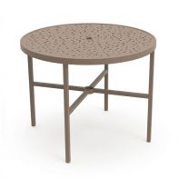 36" Round Commercial Dining Table with Bubble Top and Square Legs by LC Furniture featuring a TGIC powder-coated aluminum frame, square legs, and an umbrella hole engineered for a high-traffic commercial setting