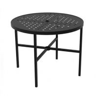 36" Round Commercial Dining Table with Cube Top and Square Legs by LC Furniture showcasing a weather-resistant TGIC powder-coated aluminum frame, built-in 2-inch umbrella hole, and sturdy square leg structure designed for an upscale commercial setting