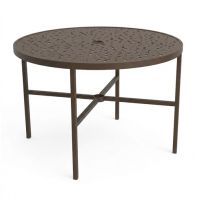 42" Round Commercial Dining Table with Bubble Top and Square Legs by LC Furniture featuring a TGIC powder-coated aluminum frame, square legs, and an integrated 2-inch umbrella hole designed for a high-end commercial setting