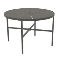 The 42" Round Commercial Dining Table with Radiant Top and Square Legs by LC Furniture highlighting its powder-coated aluminum construction, square legs, and central umbrella hole for a premium outdoor commercial setting.