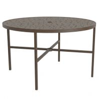 48" Round Commercial Dining Table with Bubble Top and Square Legs by LC Furniture featuring a powder-coated aluminum frame, square legs, and an integrated umbrella hole designed for a commercial setting