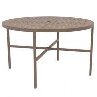 The 48" Round Commercial Dining Table with Cube Top and Square Legs by LC Furniture constructed from heavy-duty aluminum with square legs, a TGIC powder-coated finish, and a central umbrella hole for an outdoor commercial setting