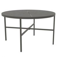 The 48" Round Commercial Dining Table with Radiant Top and Square Legs by LC Furniture featuring a heavy-duty TGIC powder-coated aluminum frame, modern square legs, and an integrated 2-inch umbrella hole for a commercial setting