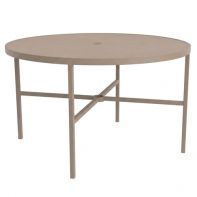 48" Round Commercial Dining Table with Solid Top and Square Legs by LC Furniture showcasing a 48-inch solid aluminum tabletop, clean-lined square legs, a central 2-inch umbrella hole, and a durable TGIC powder-coated frame designed for a high-traffic comm