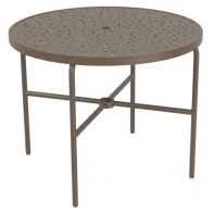 The 36" Round Commercial Dining Table with Bubble Top and Round Legs by LC Furniture featuring a heavy-duty TGIC powder-coated aluminum frame, sturdy round legs, and an integrated 2-inch umbrella hole for a commercial setting