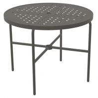 The 36" Round Commercial Dining Table with Cube Top and Round Legs by LC Furniture featuring a heavy-duty TGIC powder-coated aluminum frame, sturdy round legs, and an integrated 2-inch umbrella hole for a commercial setting