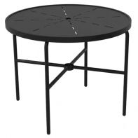 The 36" Round Commercial Dining Table with Radiant Top and Round Legs by LC Furniture featuring a durable TGIC powder-coated aluminum frame and sturdy round legs for a commercial setting