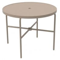 The 36" Round Commercial Dining Table with Solid Top and Round Legs by LC Furniture featuring a heavy-duty TGIC powder-coated aluminum frame, sturdy round legs, and an integrated 2-inch umbrella hole for a commercial setting