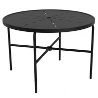 The 42" Round Commercial Dining Table with Radiant Top and Round Legs by LC Furniture featuring a powder-coated aluminum frame and radiant patterned top engineered for any high-traffic commercial setting