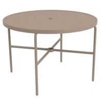42" Round Commercial Dining Table with Solid Top and Round Legs by LC Furniture featuring a heavy-duty aluminum frame, round legs, built-in 2-inch umbrella hole, and a solid metal surface engineered for a commercial setting