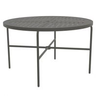 48" Round Commercial Dining Table with Cube Top and Round Legs by LC Furniture featuring a powder-coated aluminum frame and an integrated umbrella hole for a professional commercial setting.