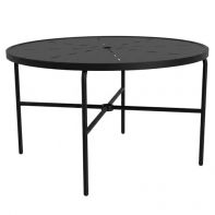 48" Round Commercial Dining Table with Radiant Top and Round Legs by LC Furniture featuring a powder-coated aluminum frame and an integrated umbrella hole for a professional commercial setting.