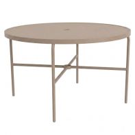 48" Round Commercial Dining Table with Solid Top and Round Legs by LC Furniture featuring a powder-coated aluminum frame and an integrated umbrella hole for a professional commercial setting.