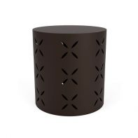 LC Furniture 18" Cylinder Commercial Side Table with Flower Pattern Sides showcasing the 19-inch cylindrical silhouette, durable TGIC powder-coated finish, and protective nylon glide caps for an outdoor commercial setting.