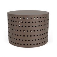 The LC Furniture 24" Cylinder Commercial Side Table with Cube Pattern Sides constructed from heavy-duty 1/8-inch rolled aluminum for a modern commercial setting