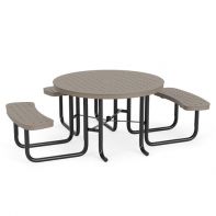 46" Commercial Round ADA Accessible Picnic Table by LC Furniture featuring a heavy-duty black frame, integrated curved bench seating, and dedicated open wheelchair access designed for an inclusive commercial setting.