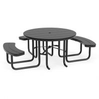 46" MGP Commercial Round ADA Accessible Picnic Table by LC Furniture featuring a 46-inch marine grade polymer round top, black heavy-duty frame, integrated curved bench seating, and open wheelchair accessibility for any commercial setting