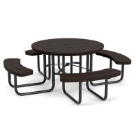 46" MGP Commercial Round Picnic Table by LC Furniture featuring a 46-inch marine grade polymer round top, integrated curved bench seating, and a heavy-duty black frame built for a high-traffic commercial setting.