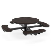 46" MGP Commercial Round In-Ground Picnic Table by LC Furniture featuring a 46-inch marine grade polymer top with integrated curved benches anchored by a black in-ground mount for a heavy-duty commercial setting