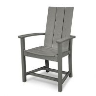 Front three-quarter view of the grey POLYWOOD® Modern Adirondack Dining Chair, featuring an oversized contoured seat, curved arms, and all-weather HDPE lumber on a white background.