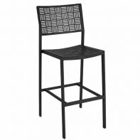 Woodard New Century Commercial Bar Stool beautifully crafted in iron for an intimate outdoor dining experience.