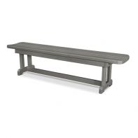 Front three-quarter view of the grey POLYWOOD® Park 72" Harvester Backless Bench, featuring a long contoured slatted seat and sturdy all-weather frame on a white background.