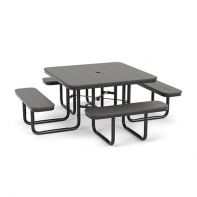 The 46" MGP Commercial Square Picnic Table by LC Furniture highlighting a square marine grade polymer top and integrated benches on a black frame for a commercial setting