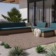 Commercial all-weather HDPE modular patio lounge sectional with teal cushions for resort and hotel outdoor seating.