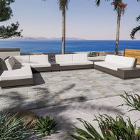 Commercial all-weather HDPE 11-piece conversation sectional lounge set for resort and hospitality patio seating.
